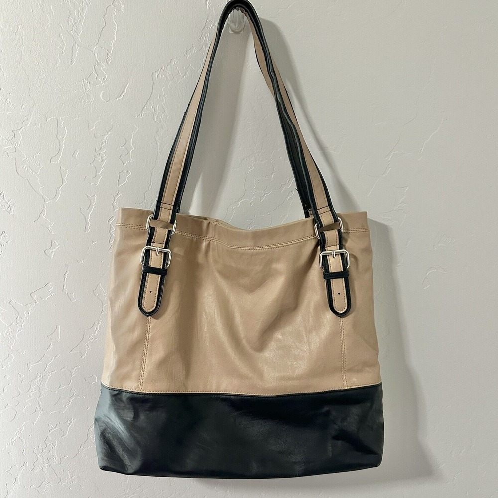 Bueno Tan And Black Faux‎ Leather Tote Bag Large Shoulder Purse Handbag